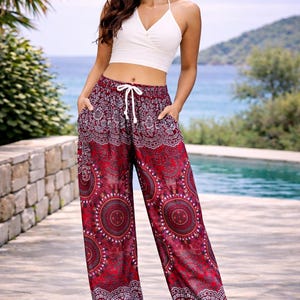 Red Sun Beam Harem Pants: Boho Rayon Trousers, Elastic Waist
