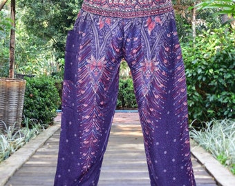 Bohotusk Peacock Print Harem Pants S/M to 3XL Hand Made in Thailand Donation to Elephants with Every Sale