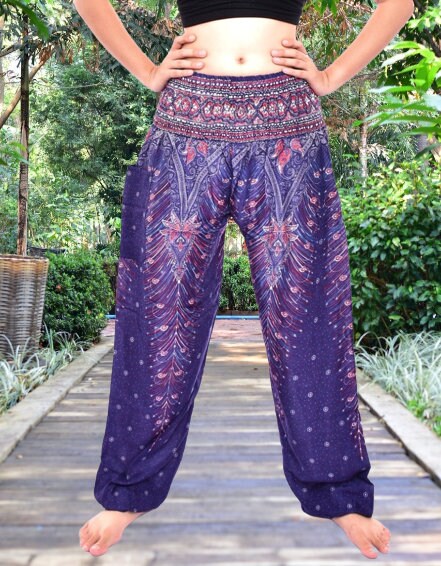 WOMEN BLACK PEACOCK Palazzo Pants Petite to Plus Size's Hippie Style Clothes  Wide Leg Pants boho Pants Comfy Summer Thai Yoga Pants 