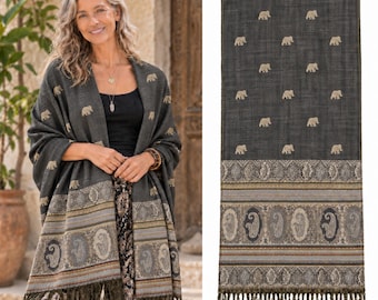 Boho Grey Marl Elephant Stripe Pashmina 200 x 75cm