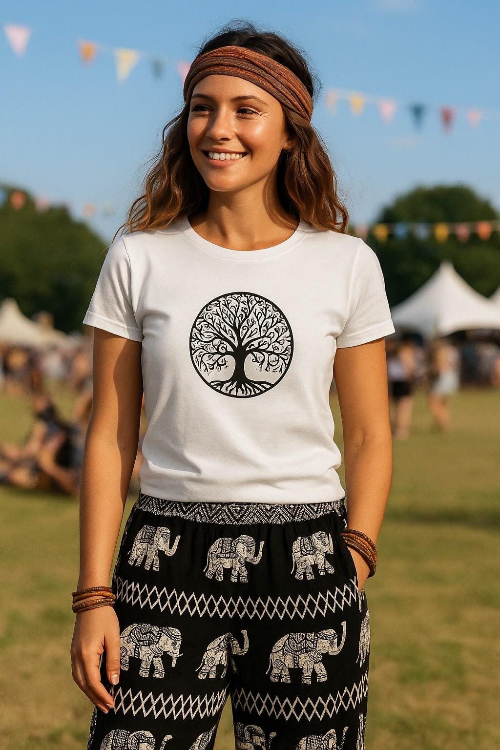 生命の樹グラフィックTシャツ：スリムフィットコットンヨガシャツ 