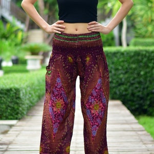 Bohotusk Moonshine Print Harem Pants S/M to 3XL 20-52 inch Waist Hand Made in Thailand Stock In UK Donation to Elephants with Every Sale Maroon