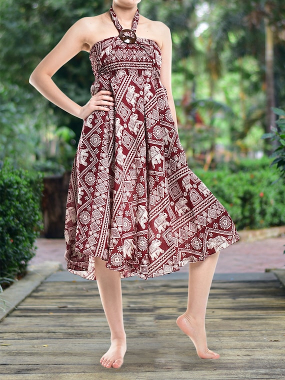 Bohotusk Red Elephant Print Long Skirt With Coconut Buckle & Strapless  Dress 2 in 1 Style S/M Only 