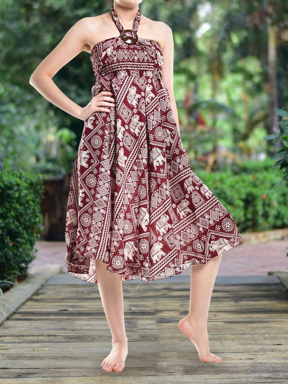 Bohotusk Red Elephant Print Long Skirt With Coconut Buckle & Strapless  Dress 2 in 1 Style S/M Only 