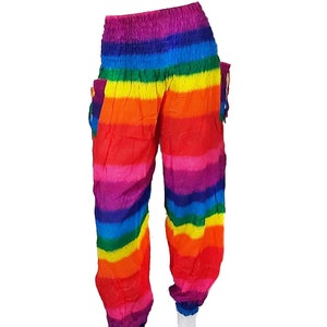 Pu&ograve; includere: Pantaloni a righe arcobaleno con elastico in vita e polsini alle caviglie. I pantaloni presentano un vibrante spettro di colori, tra cui rosso, arancione, giallo, verde, blu e viola. Due tasche sono visibili sui lati.