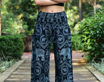 Bohotusk Black Elephant Tusker Print Harem Pants S/M and 2XL/3XL (20-50 inch Waist) Hand Made Stock In UK Donation to Elephants