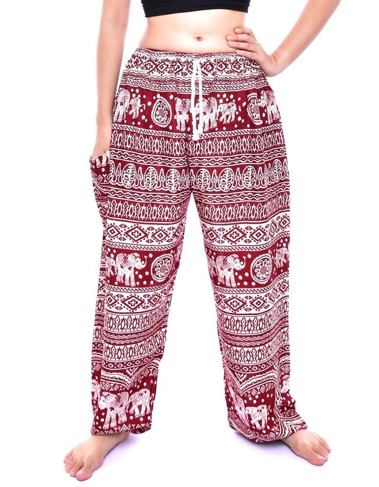 Image of Bohotusk Womens Red Elephant Calf Print Tie Waist Harem Pants One Size |  -  Inch Waist Donation To Sanctuary With Every Sale