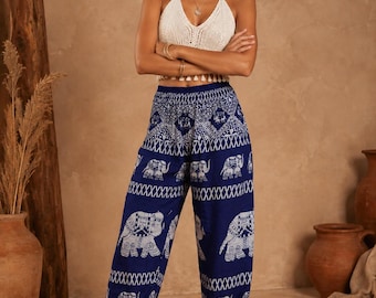 Boho Navy Blue Elephant Bull Print Womens Harem Pants  3 Sizes Hand Made