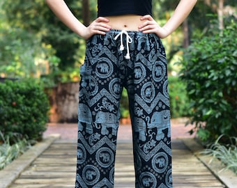 Bohotusk Womens Black Elephant Tusker Print Harem Pants Tie Waist S/M to L/XL