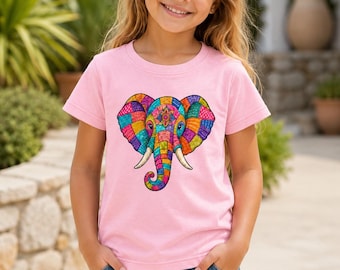 Patchwork Elephant PrintCotton Kids T-Shirt: Spiritual Yoga Boho Tee 7 Colours Age 3 to 13 Sizes