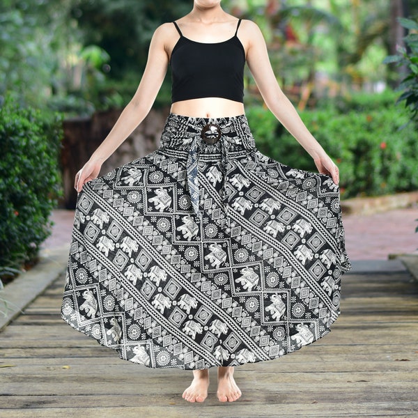 Bohotusk Black Elephant Print Long Skirt With Coconut Buckle (& Strapless Dress) 2 in 1 Style S/M to 3XL