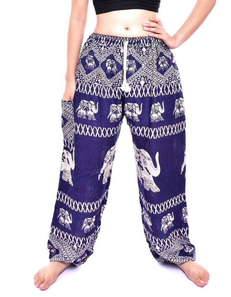 Image of Bohotusk Womens Navy Bluee Elephant Bull Print Tie Waist Harem Pants One Size |  -  Inch Waist Donation To Sanctuary With Sale