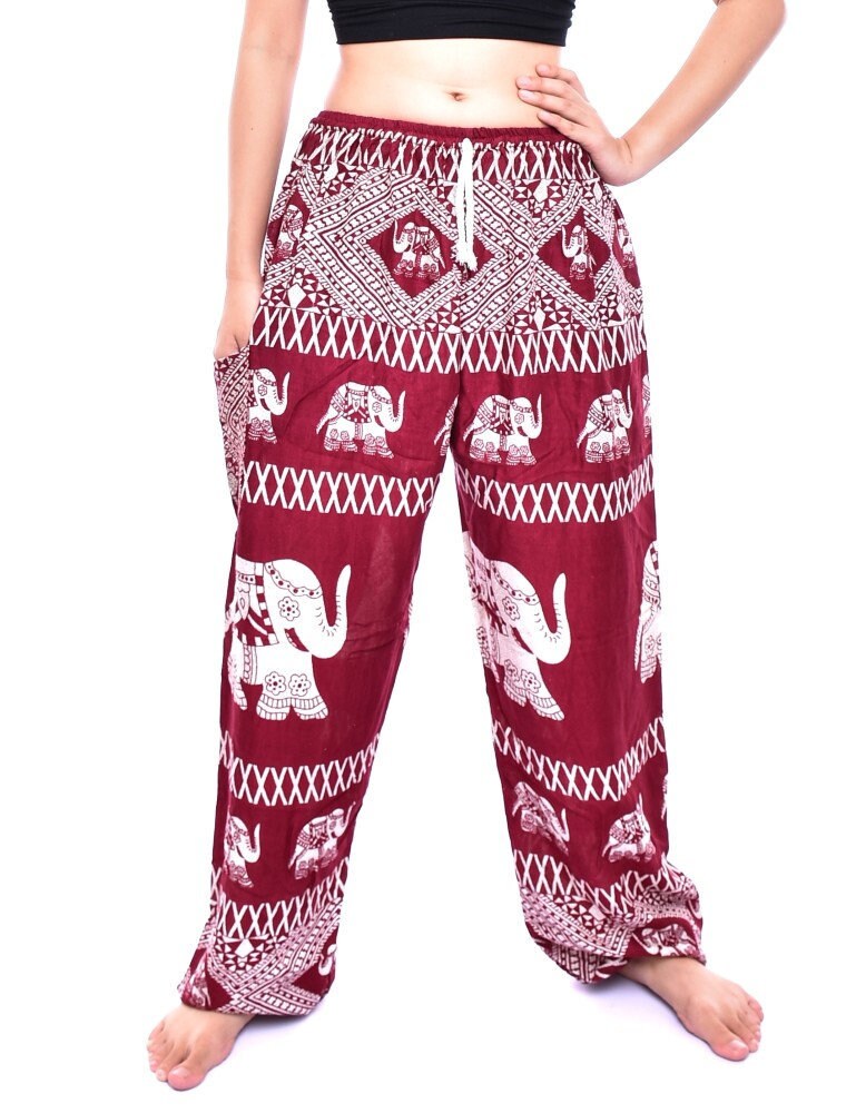 Image of Bohotusk Womens Red Elephant Bull Print Tie Waist Harem Pants One Size |  -  Inch Waist Donation To Sanctuary With Every Sale