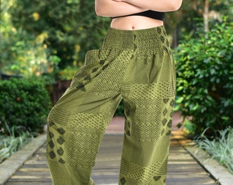 Bohotusk Cotton Autumn Winter Harem Pants Lunar Green Print Size SM, LXL or 2XL/3XL Hand Made in Thailand Stock In UK Donation to Elephants