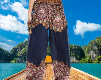 Bohotusk Navy Blue Moon Petal Print Harem Pants S/M and 2XL/3XL (20-50 inch Waist) Hand Made Stock In UK Donation to Elephants