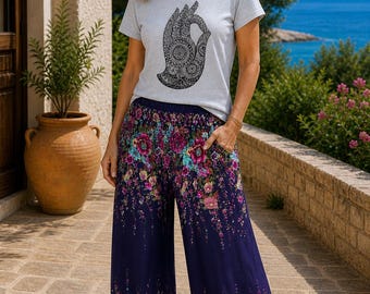 Bohotusk Floral Print Elasticated Smocked Waist Womens Harem Pants S/M to 4XL