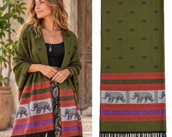Boho Olive Green Red Mustard Elephant Stripe Pashmina 200 x 75cm