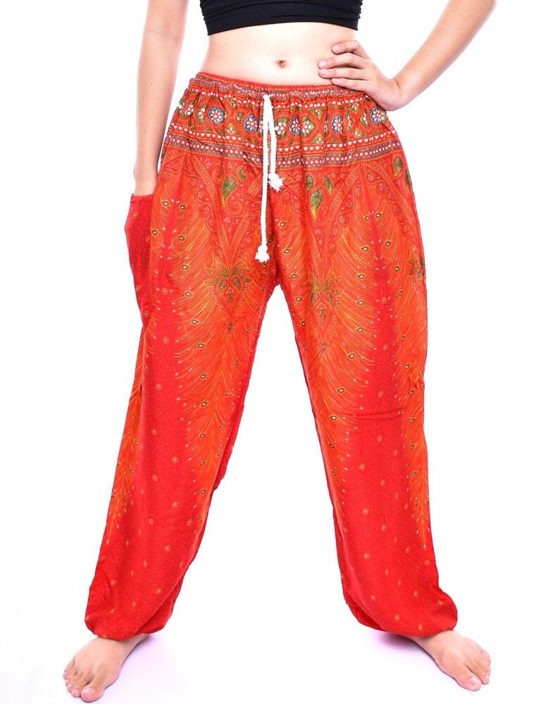 Image of Bohotusk Womens Orange Peacock Print Tie Waist Harem Pants One Size |  -  Inch Waist Donation To Elephant Sanctuary With Every Sale