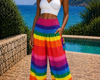 Rainbow Stripe Harem Pants: Soft Rayon Boho Trousers Mutli Stripe Pride Harem Pant