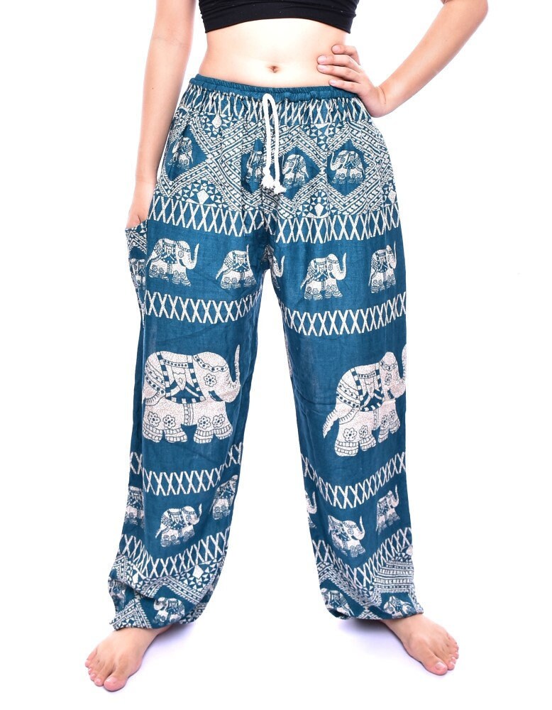 Image of Bohotusk Womens Turquoise Elephant Bull Print Tie Waist Harem Pants One Size |  -  Inch Waist Donation To Sanctuary With Sale