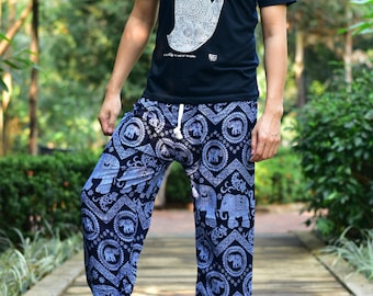 Bohotusk Mens Blue Elephant Tusker Print Harem Pants Tie Waist Harem Pants M/L to XL