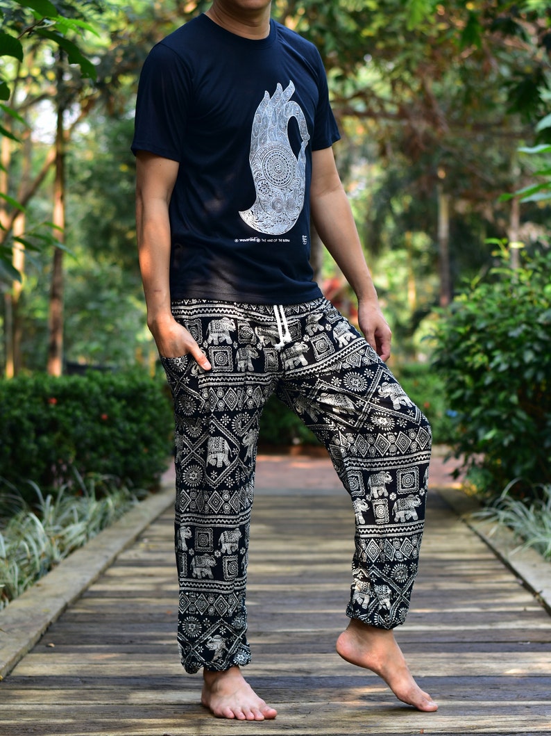 Bohotusk Mens Black Elephant Print Harem Pants Tie Waist Harem Pants M/L to XL zdjęcie 2