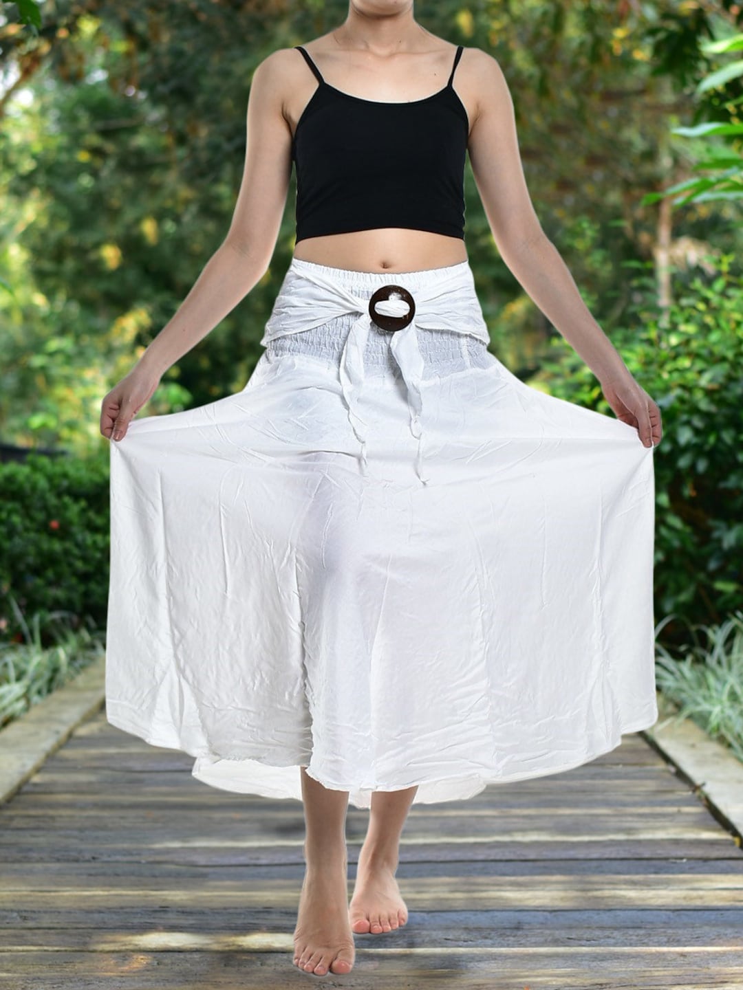 Bohotusk Plain White Long Skirt With Coconut Buckle