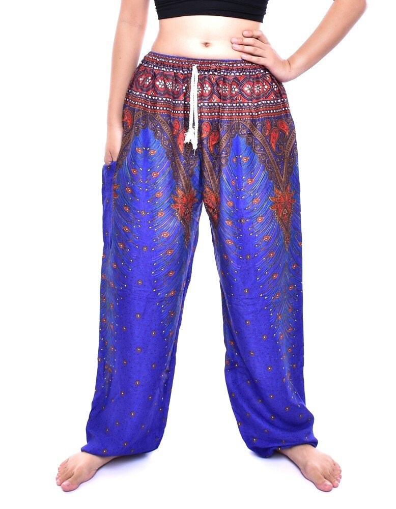 Image of Bohotusk Womens Blue Peacock Print Tie Waist Harem Pants One Size |  -  Inch Waist Donation To Elephant Sanctuary With Every Sale