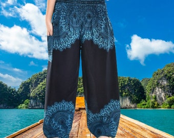 Bohotusk Blue Solar Storm Petal Print Harem Pants S/M and 2XL/3XL (20-50 inch Waist) Hand Made Stock In UK Donation to Elephants