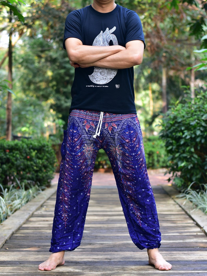 Bohotusk Mens Blue Peacock Print Harem Pants Tie Waist Harem Pants ML to XL