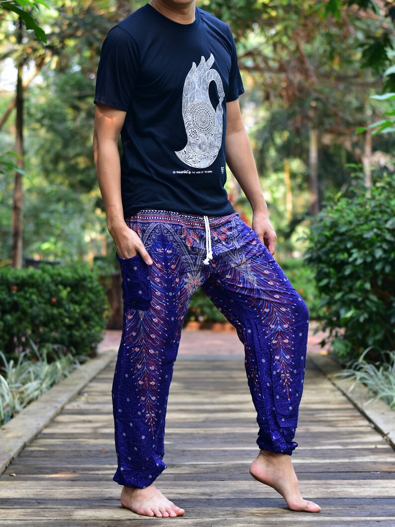 Bohotusk Mens Blue Peacock Print Harem Pants Tie Waist Harem Pants ML to XL