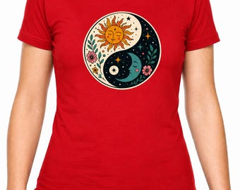 Ying Yang Light Dark Print Cotton T-Shirt: Spiritual Yoga Boho Tee 7 Colours 5 Sizes