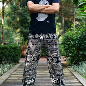 Bohotusk Mens Black Elephant Calf Print Harem Pants Tie Waist Harem Pants M/L to XL image 1