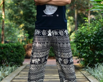 Bohotusk Mens Black Elephant Calf Print Harem Pants Tie Waist Harem Pants M/L to XL