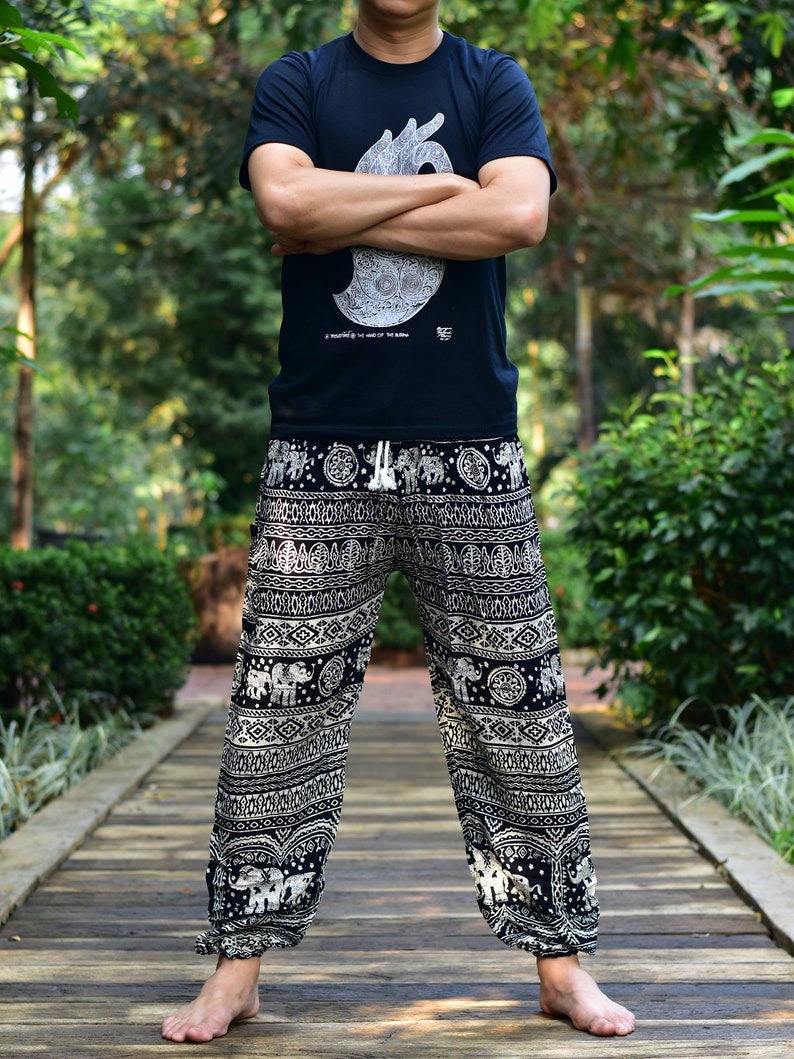 Bohotusk Mens Black Elephant Calf Print Harem Pants Tie Waist Harem Pants M/L to XL image 1