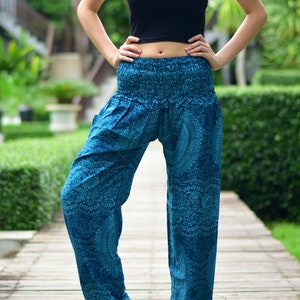 Bohotusk Blue Night Glow Print Womens Harem Pants 5 Sizes Hand Made Donation to Born Free Elephants with Every Sale UK Size 8 - UK Size 26