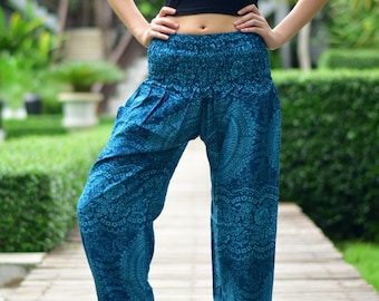 Bohotusk Blue Night Glow Print Womens Harem Pants 5 Sizes Hand Made Donation to Born Free Elephants with Every Sale UK Size 8 - UK Size 26