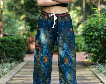 Bohotusk Womens Teal Moonshine Print Harem Pants Tie Waist S/M to 3XL Donation to Elephant Sanctuary with every Sale
