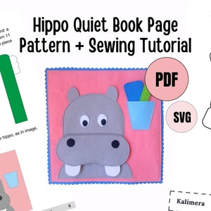 May include: A digital download pattern for a felt quiet book page featuring a hippo with a toothbrush and cup. The pattern includes PDF and SVG files. The pattern is for a quiet book page for children.