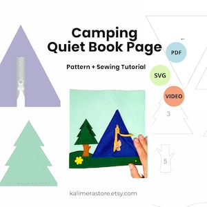 Puede incluir: Página de libro tranquilo con temática de camping de fieltro, con una tienda azul, árboles verdes y una flor amarilla. La imagen incluye el texto "Camping Quiet Book Page Pattern + Sewing Tutorial".