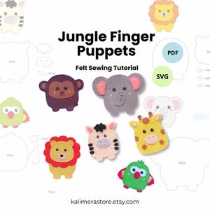 Könnte beinhalten: Eine Filznähanleitung mit dem Titel Jungle Finger Puppets und PDF- sowie SVG-Symbolen. Das Bild zeigt sechs bunte Fingerpuppen aus Filz: einen braunen Affen, einen grauen Elefanten, einen rot-gelben Löwen, ein beiges Zebra, eine gelbe Giraffe und einen grünen Papagei.
