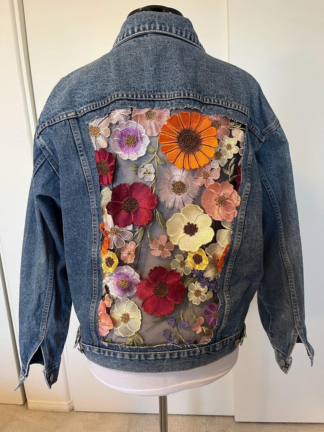 Denim Distressed Oversized Jacket with Floral Embroidery - Preena