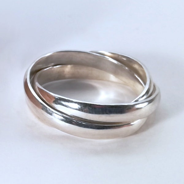 Handgefertigter Ring aus massivem Sterlingsilber mit drei gestapelten Bändern – russischer Zopf-/Rollring mit drei Bändern