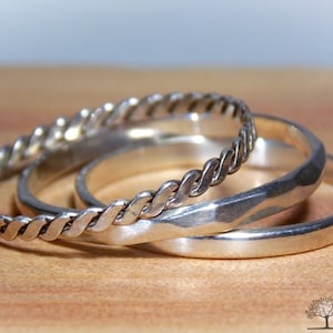 Handmade Slim Stacking Rings, Braided Silver, Obsidian Effect Silver, Simple Polished Silver