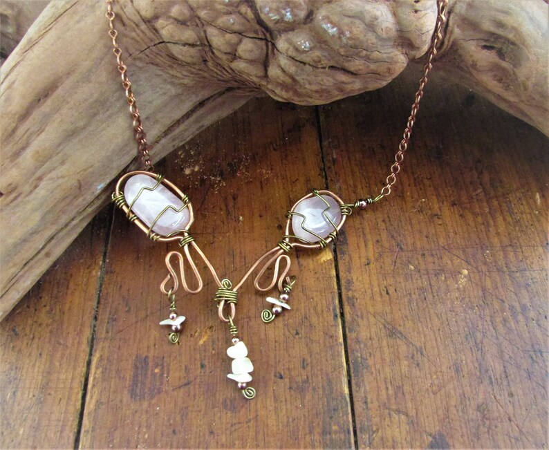 Vintage Rose Quartz and Mother of Pearl Necklace Wrapped in Copper and Brass