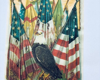 Cromolitografía poco común de la Guerra Civil: Águila de Old Abe, banderas de batalla (c. 1870)