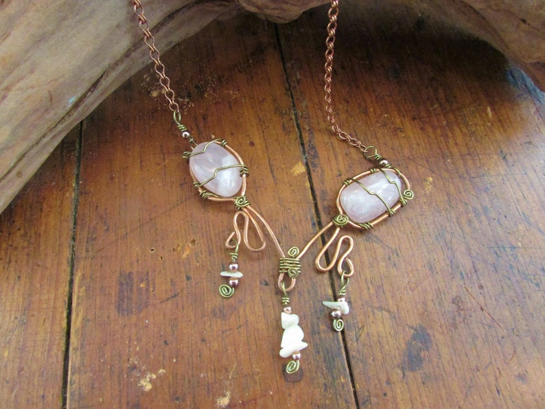 Vintage Rose Quartz and Mother of Pearl Necklace Wrapped in Copper and Brass