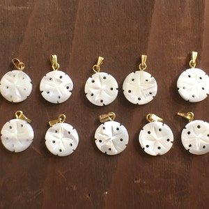 Vintage Carved Mother of Pearl Seashell Sand Dollar Pendant Charms. Set of 10