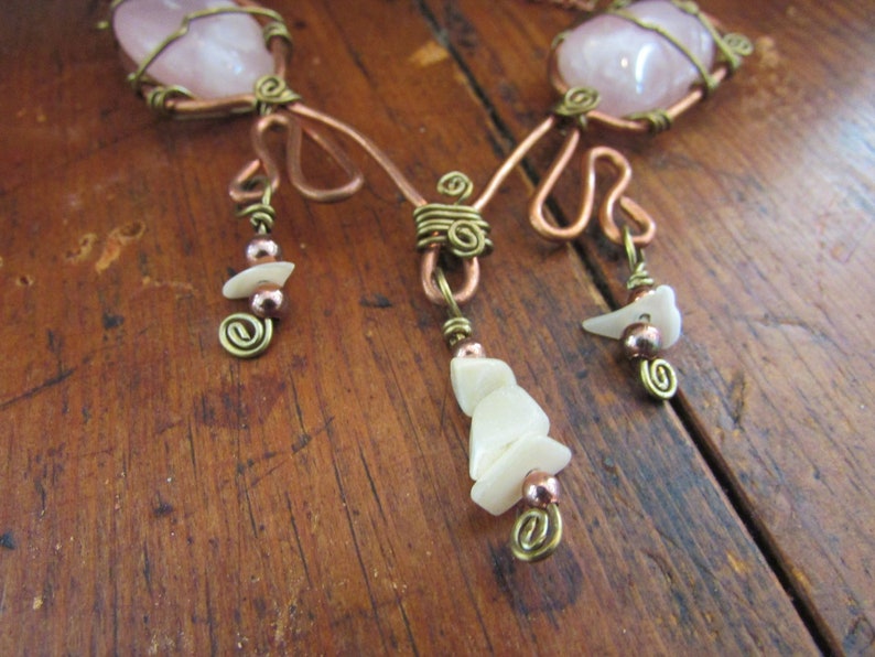 Vintage Rose Quartz and Mother of Pearl Necklace Wrapped in Copper and Brass