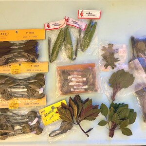 May include: Assortment of artificial floral supplies, including green leaves, fern-like sprigs, and dark green spoon-shaped items. Packaged in clear plastic with yellow labels and the text "SSCO" and "BEADS".